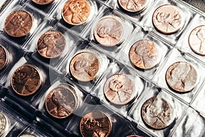 Photo of a US cent coins in a clear plastic sheet holder