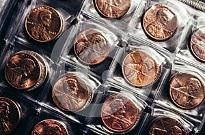 Photo of a US cent coins in a clear plastic sheet holder