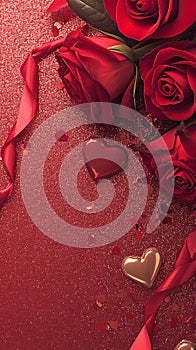 Photo Valentines Day concept Red roses and hearts on glitter background