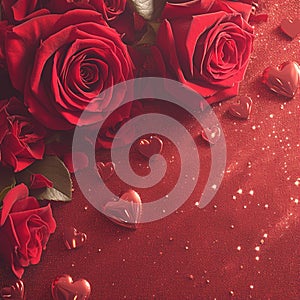 Photo Valentines Day concept Red roses and hearts on glitter background