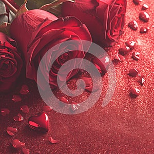 Photo Valentines Day concept Red roses and hearts on glitter background