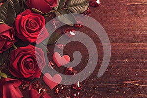 Photo Valentines Day concept Red roses and hearts on glitter background