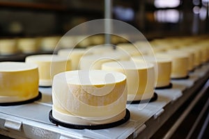 Photo of a variety of cheeses on a conveyor belt. Industrial cheese production plant. Modern technologies. Production of different