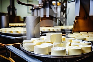 Photo of various types of cheese on a moving conveyor belt. Industrial cheese production plant. Modern technologies. Production of