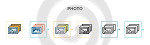 Photo vector icon in 6 different modern styles. Black, two colored photo icons designed in filled, outline, line and stroke style