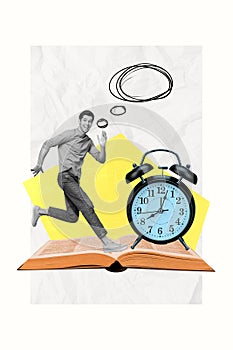 Photo vertical collage of young excited guy running over favorite book preparing exam ringing alarm clock isolated on