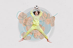 Photo vertical sketch 3d painted collage of young girl sportswoman professional coach goalkeeper catch ball isolated on