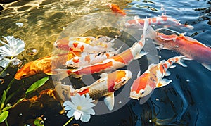 Photo of a vibrant group of koi fish gracefully swimming in a serene pond