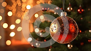 Photo of a vibrant red ornament hanging from a beautifully decorated Christmas tree