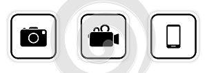 Photo Video Camera Recording Black Silhouette Icon Set. Camcorder Mobile Smart Cell Phone Pictogram. Digital Smartphone