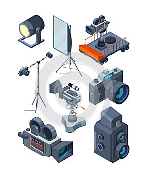 Photo video cameras. Various equipment of video or photo studio