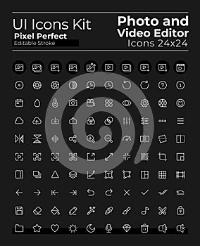 Photo and video editing pixel perfect white linear ui icons set for dark theme
