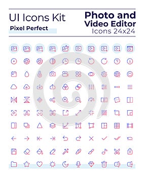 Photo and video editor tools pixel perfect gradient linear ui icons set