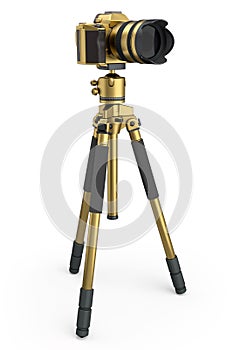 Photo and video gold tripod with nonexistent DSLR camera on isolated on white