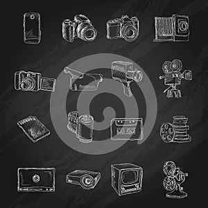 Photo video icons chalkboard vector design illustration