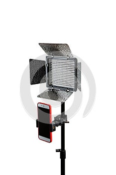 Photo and video lamp isolate on white back. LED lamp with special shutters for the formation of light flux. Photo and video