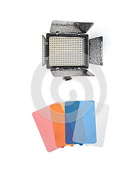 Photo and video lamp. LED lamp with special shutters for the formation of light flux. Photo and video lighting fixture. Color