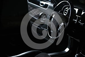 Interior of a modern luxury gray  black car, auto detail