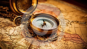 Photo of a vintage compass lying on ancient maps. The atmosphere of travel and adventure. Generative AI