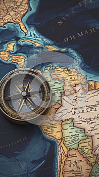 Photo Vintage compass on old world map background, geo navigation concept