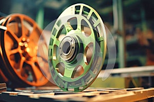 Photo of vintage film reels on a wooden table. Modern metal processing at an industrial enterprise. Manufacturing of high-