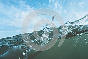 Vintage photo of a surfer jumping