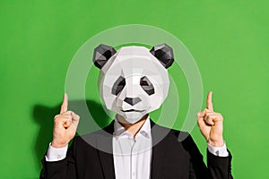 Photo of wacky hipster guy indicate fingers up empty space wear panda mask black tuxedo isolated on green color