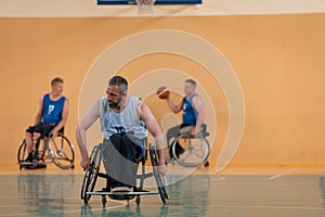 a photo of a war veteran playing basketball with a team in a modern sports arena. The concept of sport for people with