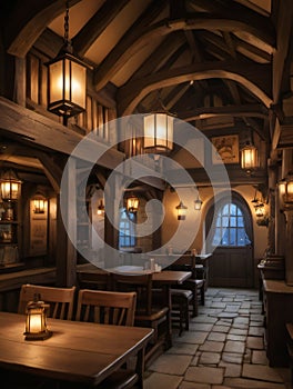 Photo Of Warm Lit Friendly Medieval Fantasy Tavern Inn, Lanterns, Concept Art Interior, Adventuring Dungeons And Dr. Generative AI