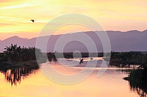 The view of sunset in Inle Lake