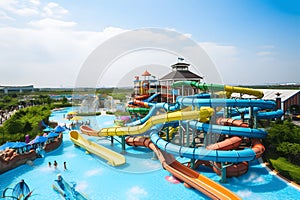 Photo of the water park from above. Various slides in a water park on a sunny day, hotel with entertainment