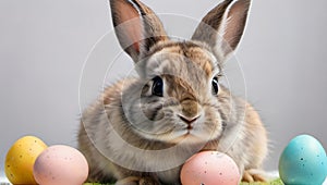 Photo Of Watercolor Painting Of A Cute Baby Bunny Holding An Easter Eggs, On A White Background. Generative AI