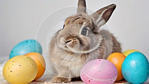 Photo Of Watercolor Painting Of A Cute Baby Bunny Holding An Easter Eggs, On A White Background. Generative AI