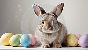 Photo Of Watercolor Painting Of A Cute Baby Bunny Holding An Easter Eggs, On A White Background. Generative AI