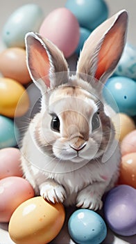 Photo Of Watercolor Painting Of A Cute Baby Bunny Holding An Easter Eggs, On A White Background. Generative AI