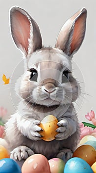 Photo Of Watercolor Painting Of A Cute Baby Bunny Holding An Easter Eggs, On A White Background. Generative AI