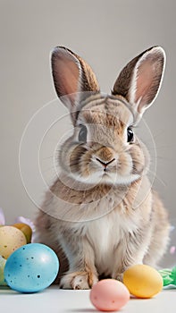 Photo Of Watercolor Painting Of A Cute Baby Bunny Holding An Easter Eggs, On A White Background. Generative AI