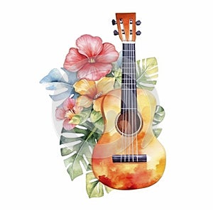 Photo watercolor painting of a ukulele with a tropical flowers