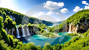 a photo of a waterfall with mountain and lake arround it on blue sky