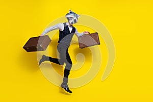 Photo of weird crazy guy racoon mask jump run hurry hold vintage bags wear stylish look isolated over shine yellow color