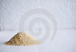 Photo of wheat bran on a white wooden background. Sports healthy food. Healthy food