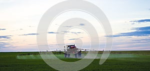 Photo of a wheat field Spraying a tractor with agrochemical or agrochemical preparations over a young wheat field in