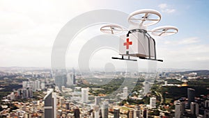 Photo White Generic Design Remote Control Air Drone Flying Sky Medical Box Under Urban Surface.Modern City Background