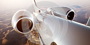 Photo White Luxury Generic Design Private Jet Flying in Blue Sky at sunrise.Closeup Picture of two Reactive Turbine.Mans