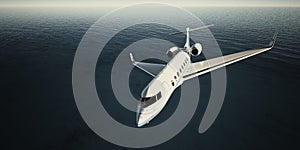 Photo of White Luxury Generic Design Private Jet Flying in Sky at night. Blue Ocean Background. Business Travel Picture