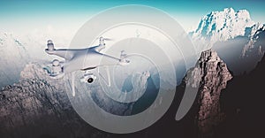 Photo White Matte Generic Design Modern Remote Control Drone with camera Flying in Sky under the Earth Surface. Grand