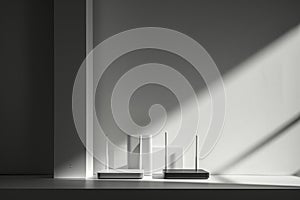 A photo of a white shelf displaying a couple of speakers, A minimalistic representation of wireless routers in monochrome, AI