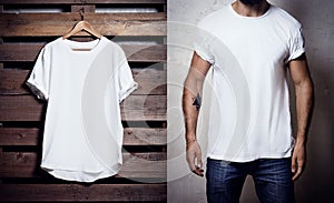 Photo of white tshirt hanging on wood background and bearded man wearing clear Tshirt. Vertical blank mockup