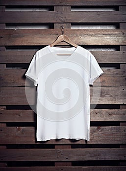 Photo of white tshirt hanging on wood background. Vertical blank mockup