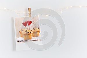 Photo on white wall. Photography heart, vintage postcards and retro styles